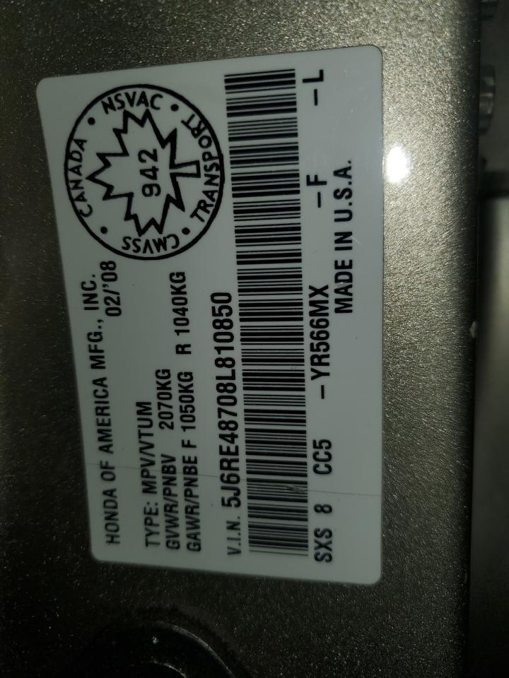 2008 Honda Cr-V Exl VIN: 5J6RE48708L810850 Lot: 90812425