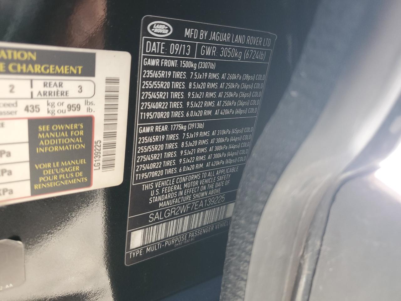 2014 Land Rover Range Rover VIN: SALGR2WF7EA139225 Lot: 89527185