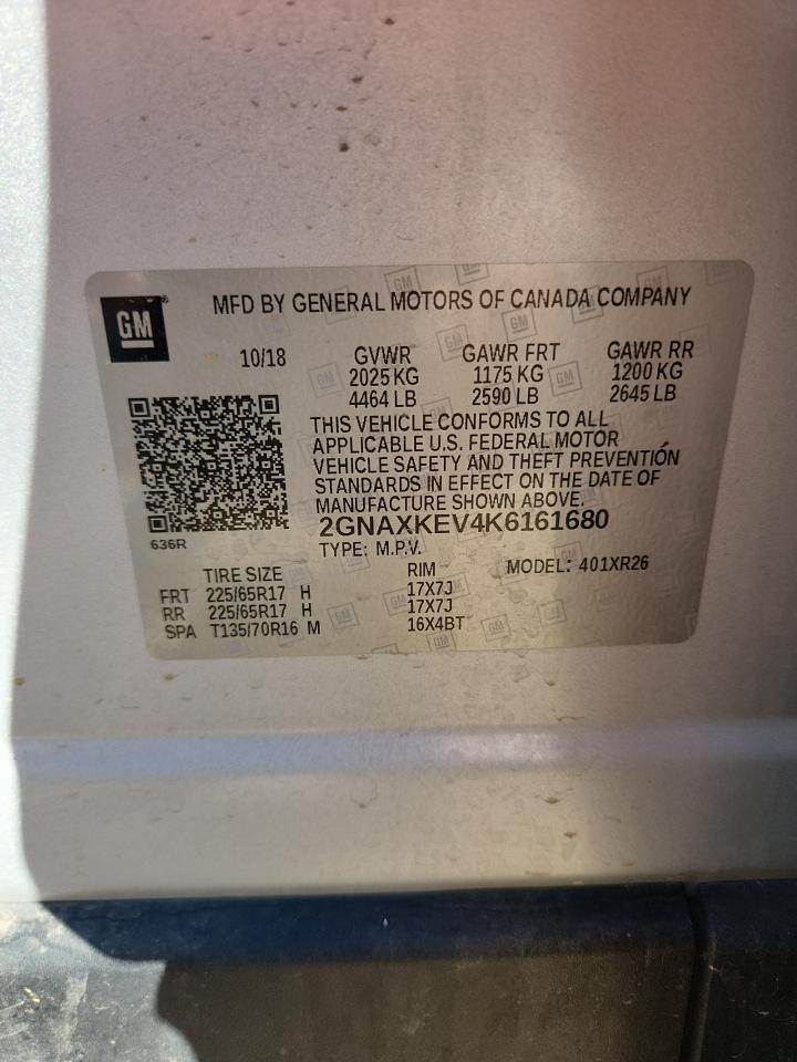 2019 Chevrolet Equinox Lt VIN: 2GNAXKEV4K6161680 Lot: 85356055