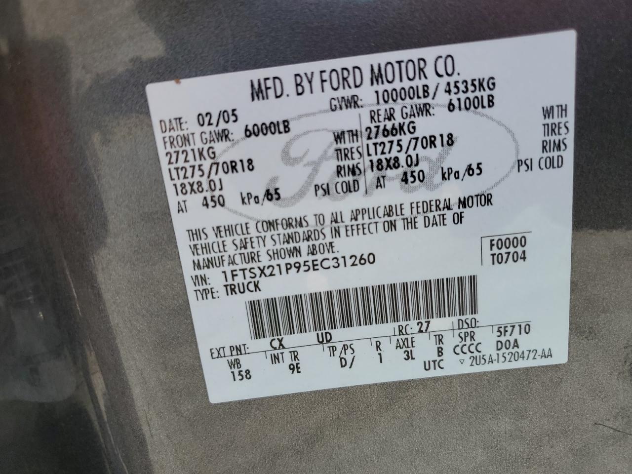 2005 Ford F250 Super Duty VIN: 1FTSX21P95EC31260 Lot: 85817415