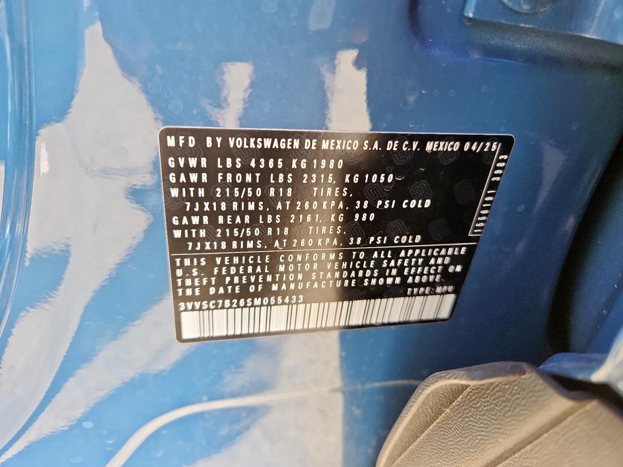 2025 Volkswagen Taos 1.5T Se VIN: 3VVSC7B26SM055433 Lot: 43405272