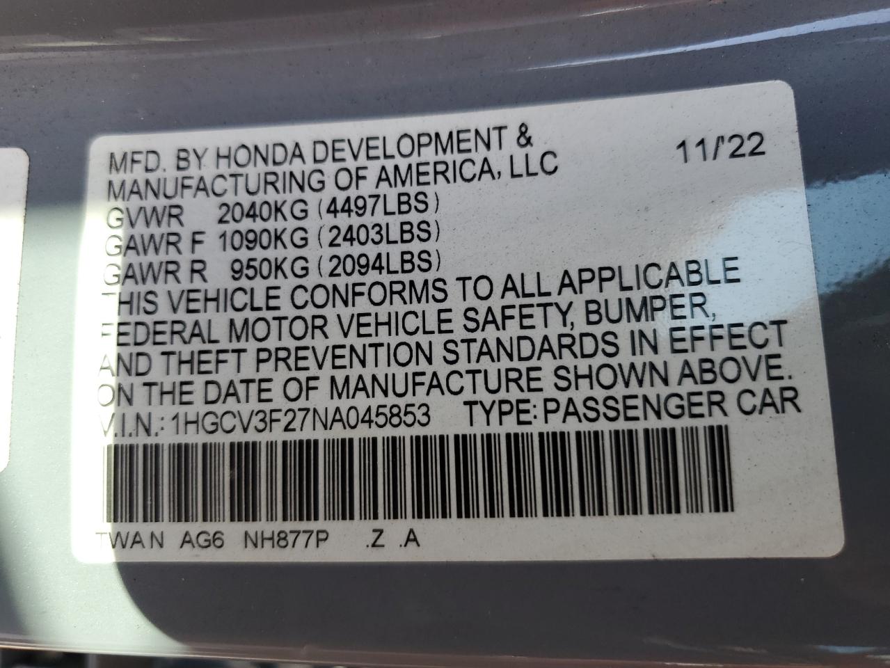 2022 Honda Accord Hybrid Sport VIN: 1HGCV3F27NA045853 Lot: 84942205