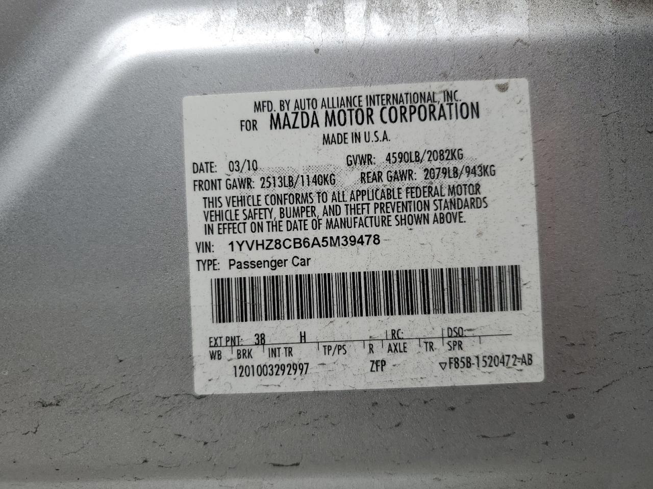 2010 Mazda 6 S VIN: 1YVHZ8CB6A5M39478 Lot: 82435745