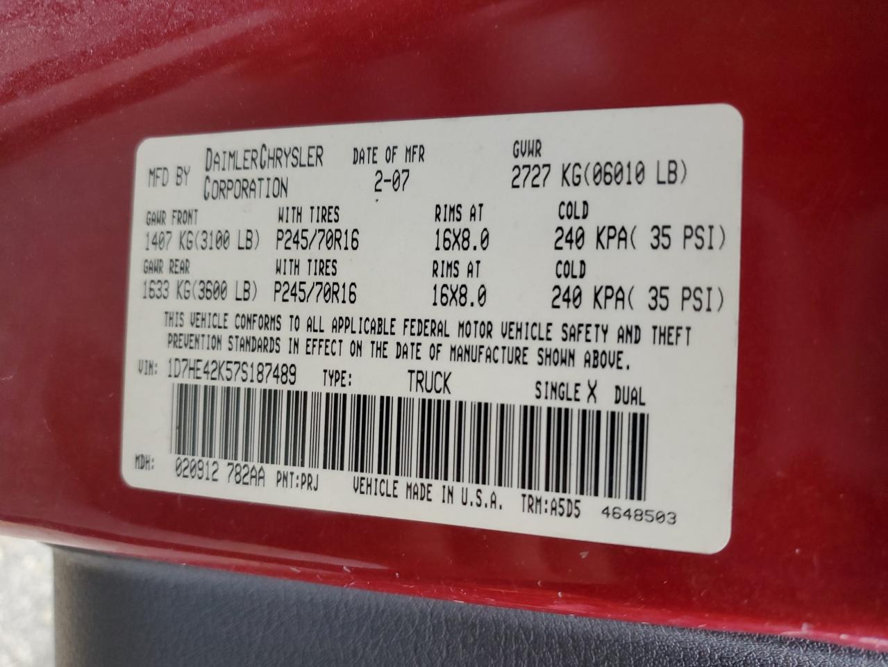 2007 Dodge Dakota Slt VIN: 1D7HE42K57S187489 Lot: 82552495