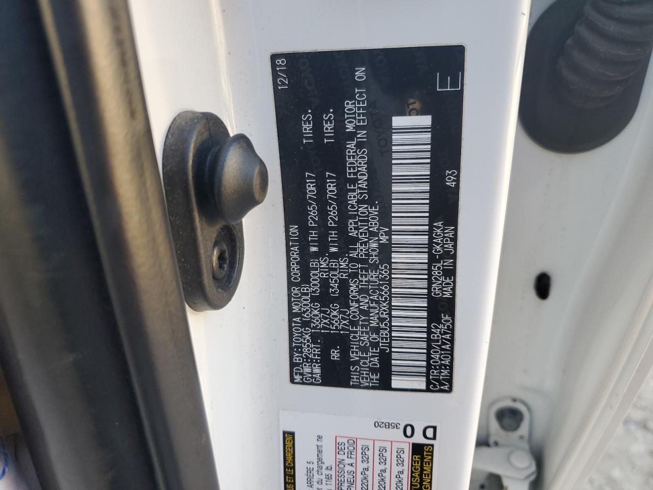 2019 Toyota 4Runner Sr5/Sr5 Premium VIN: JTEBU5JRXK5661365 Lot: 90340885