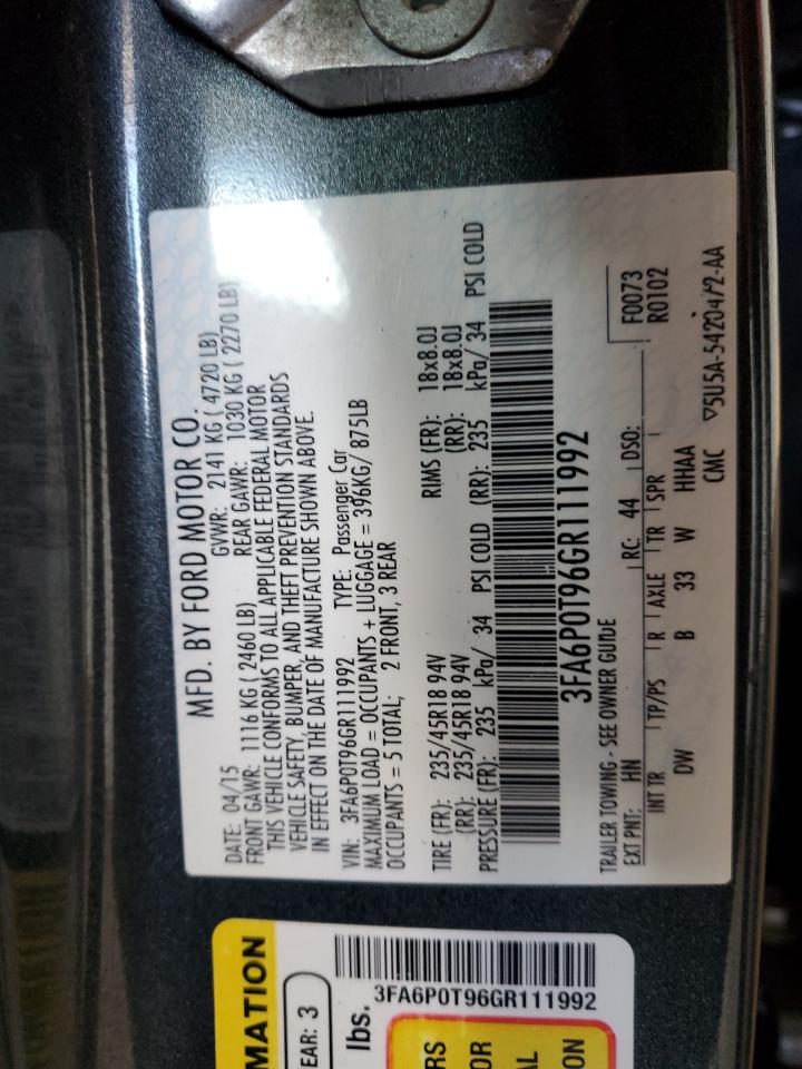 2016 Ford Fusion Se VIN: 3FA6P0T96GR111992 Lot: 85492495