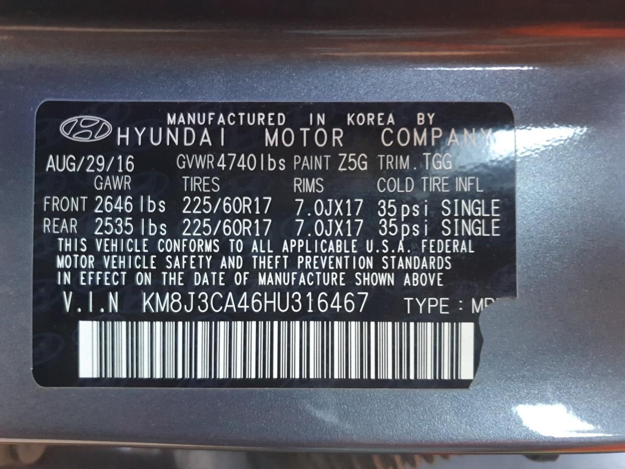 2017 Hyundai Tucson Limited VIN: KM8J3CA46HU316467 Lot: 82336925