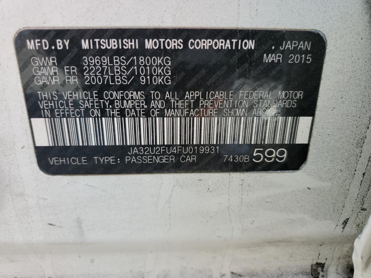 2015 Mitsubishi Lancer Es VIN: JA32U2FU4FU019931 Lot: 86325485