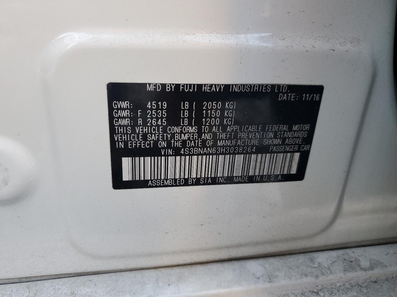 2017 Subaru Legacy 2.5I Limited VIN: 4S3BNAN63H3038264 Lot: 85303615