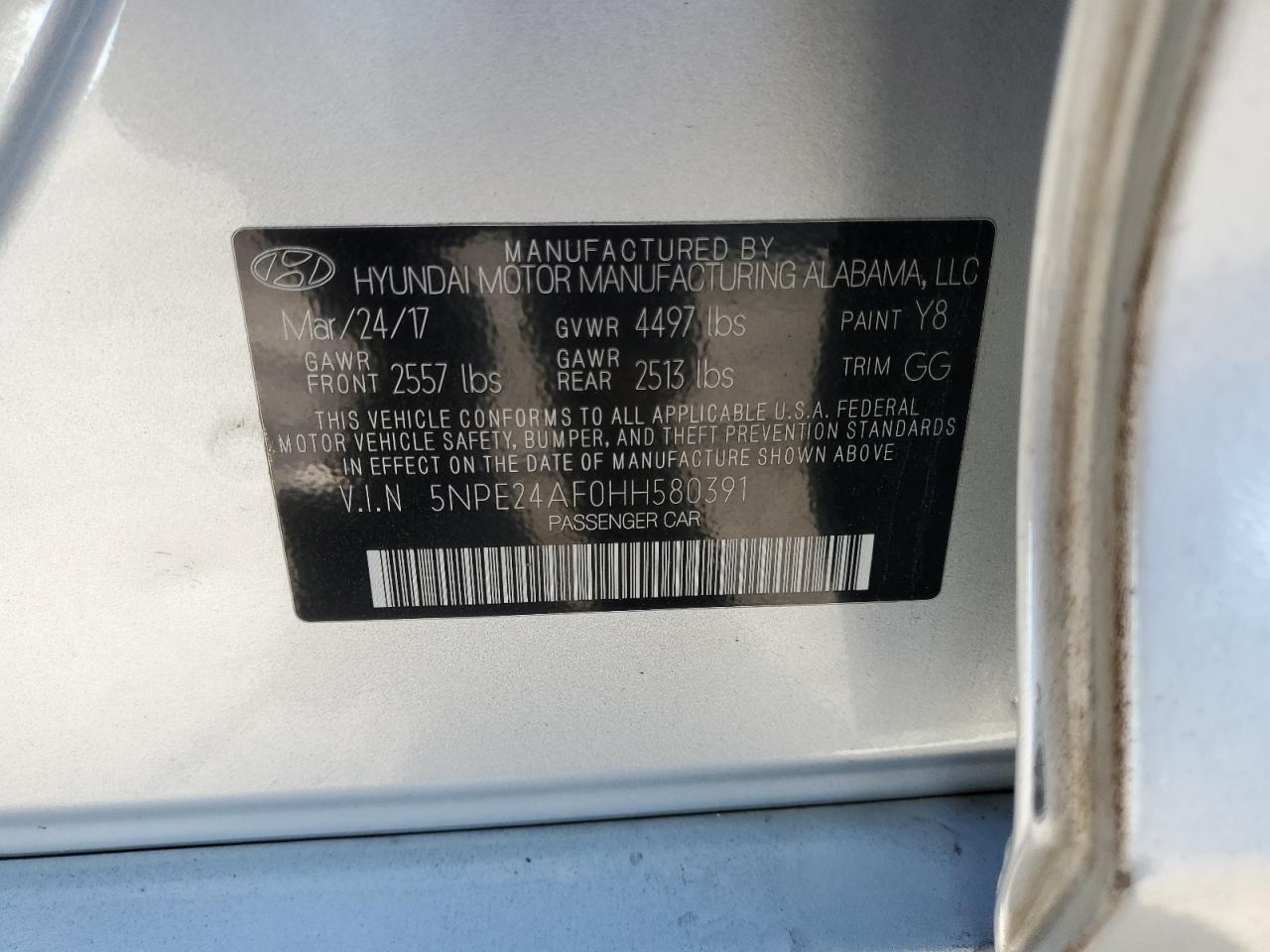 2017 Hyundai Sonata Se VIN: 5NPE24AF0HH580391 Lot: 85141345