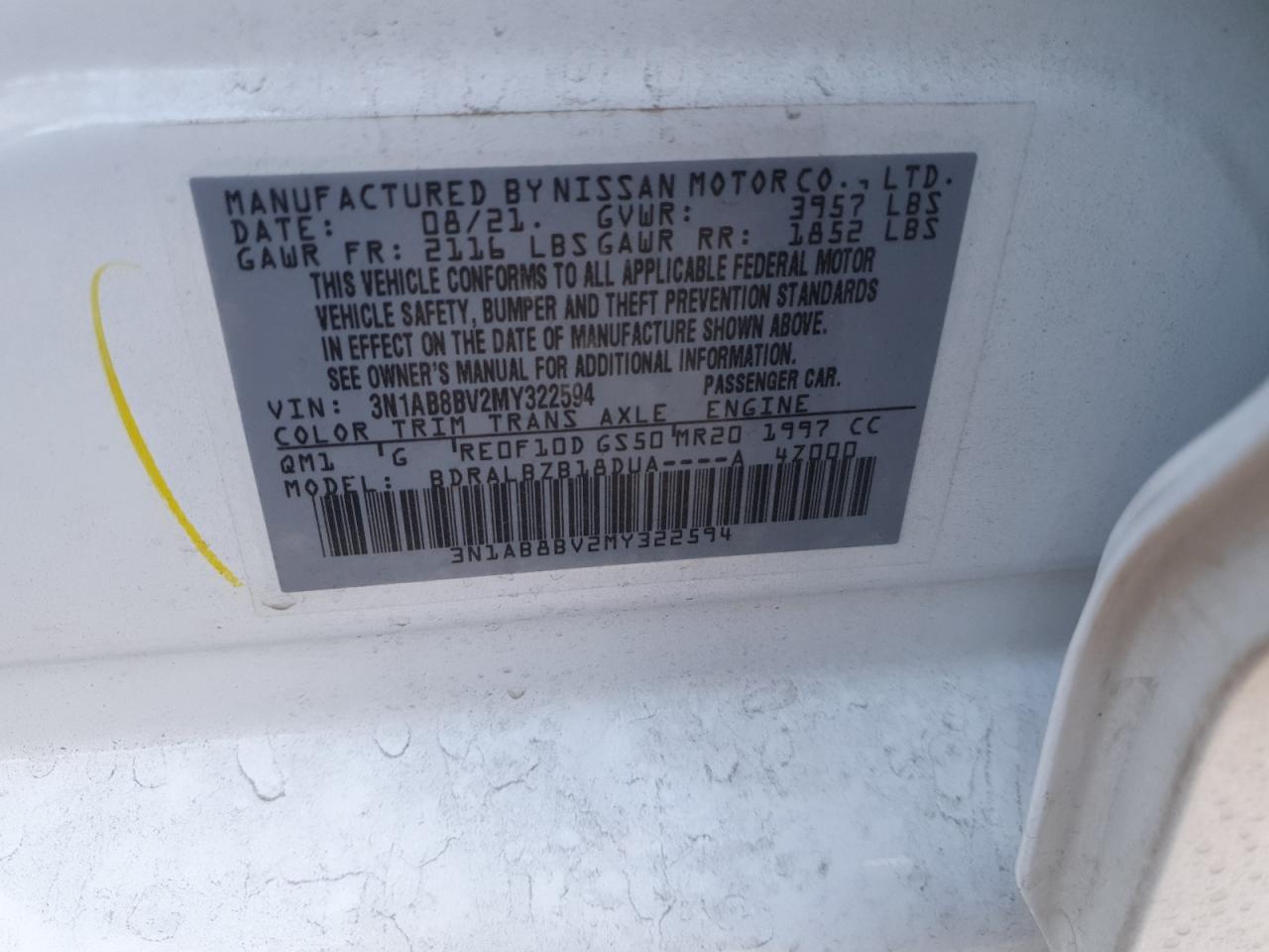 2021 Nissan Sentra S VIN: 3N1AB8BV2MY322594 Lot: 85945155