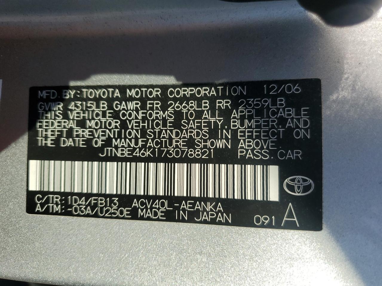 2007 Toyota Camry Ce VIN: JTNBE46K173078821 Lot: 85517605