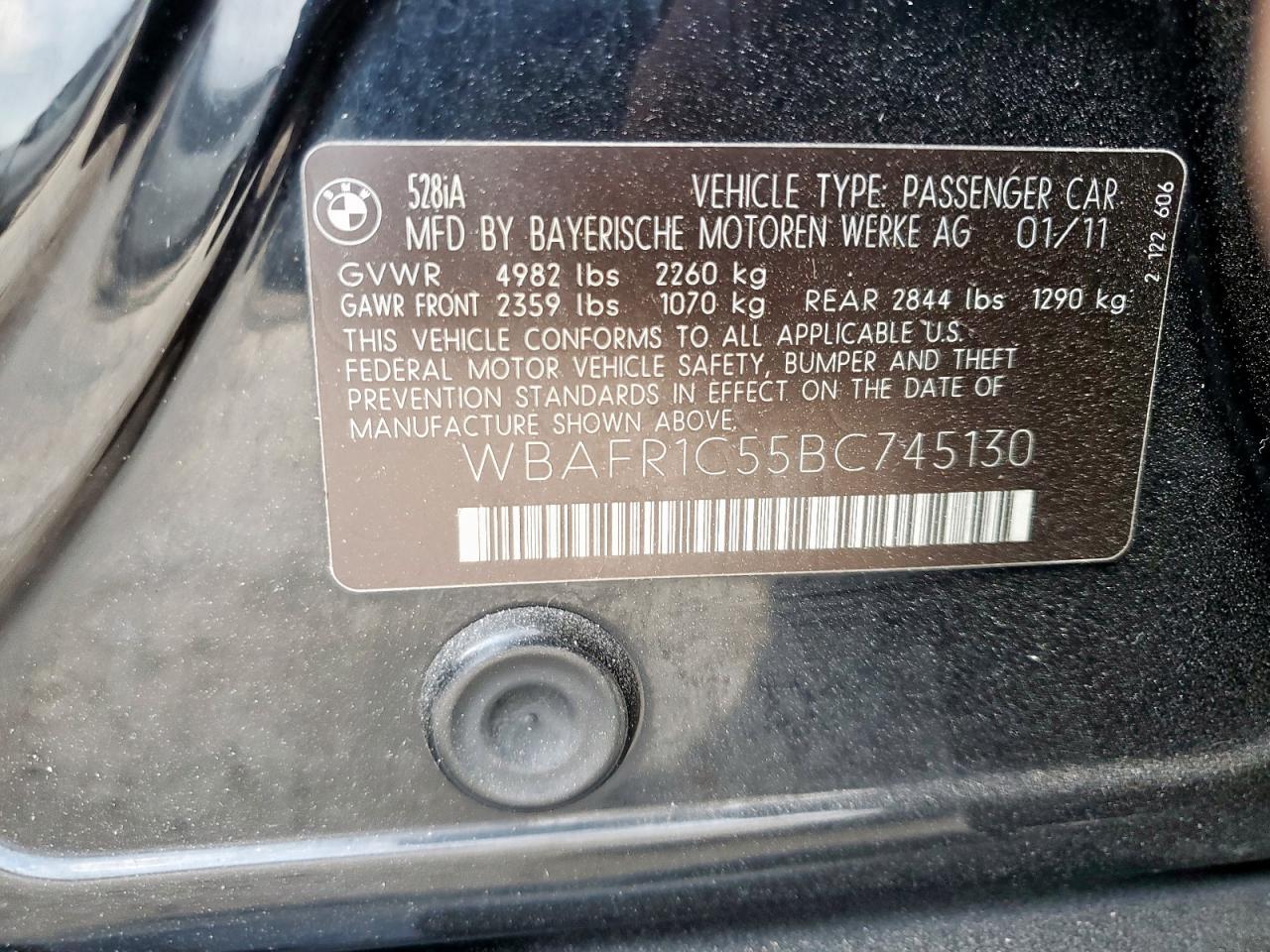 2011 BMW 528 I VIN: WBAFR1C55BC745130 Lot: 82308255