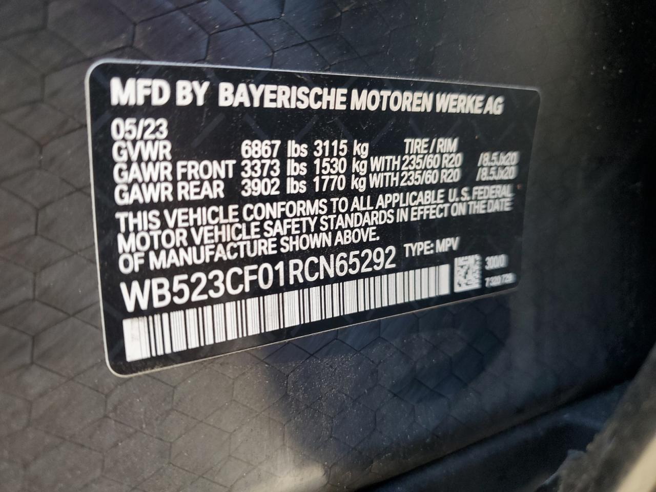 2024 BMW Ix xDrive50 VIN: WB523CF01RCN65292 Lot: 86214535
