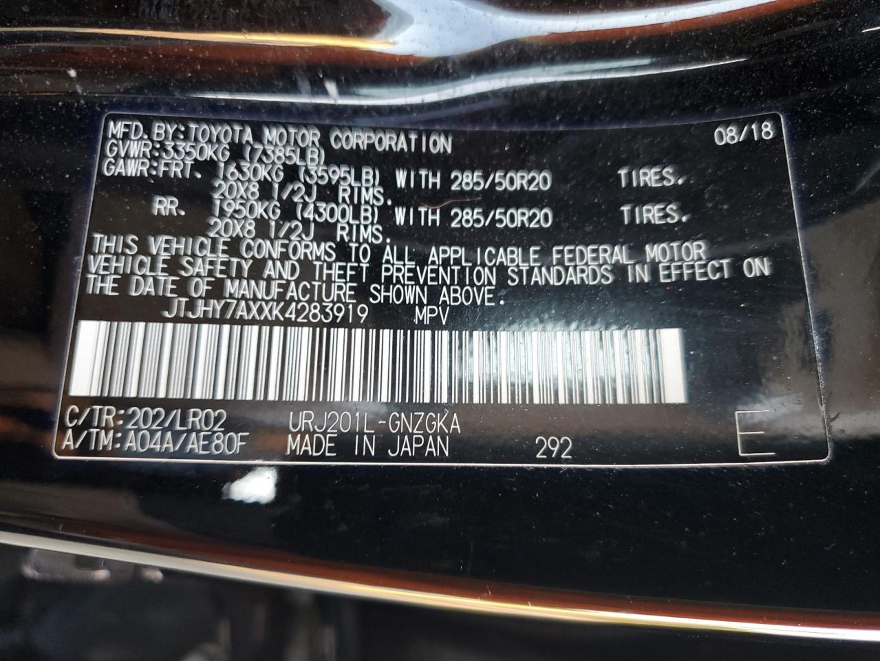 2019 Lexus Lx 570 VIN: JTJHY7AXXK4283919 Lot: 87021665