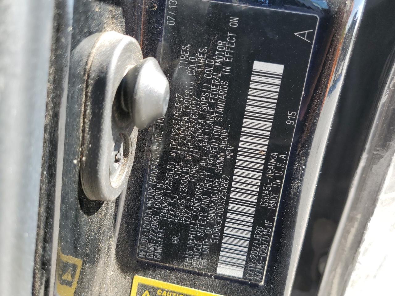 2013 Toyota Highlander Base VIN: 5TDBK3EH0DS250862 Lot: 87194005