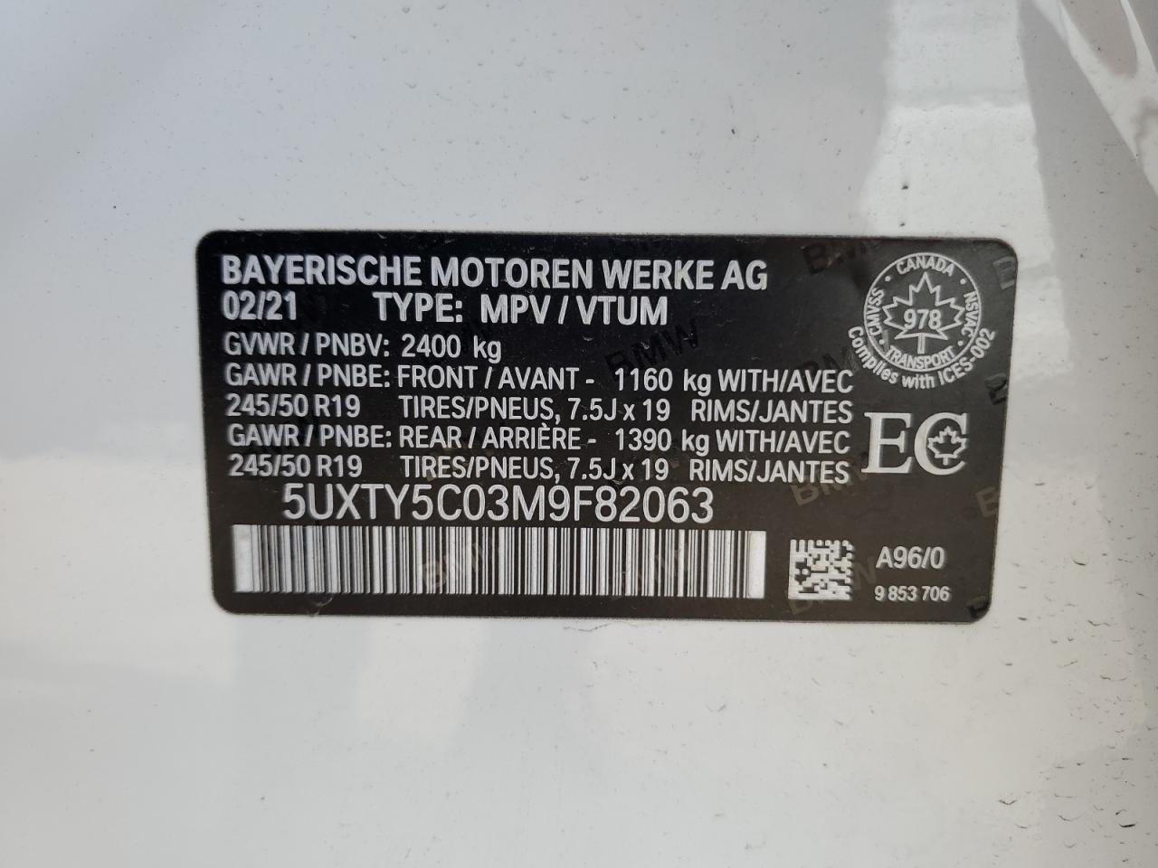 2021 BMW X3 xDrive30I VIN: 5UXTY5C03M9F82063 Lot: 70050705
