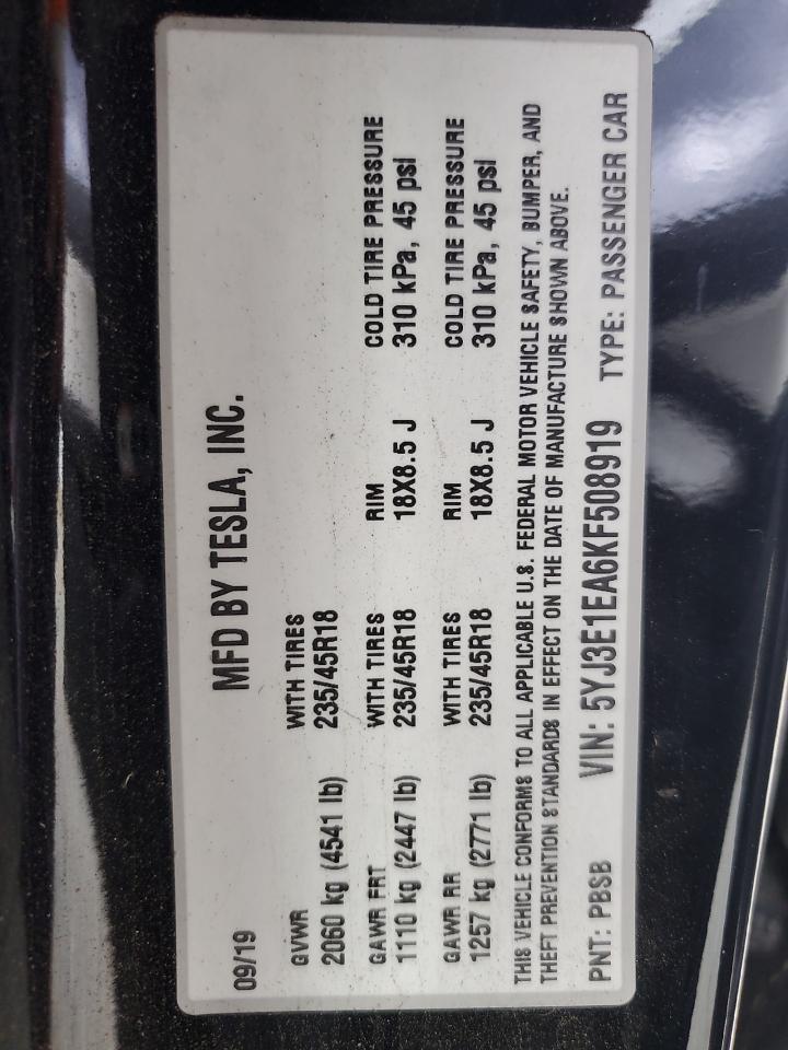 2019 Tesla Model 3 VIN: 5YJ3E1EA6KF508919 Lot: 86152565