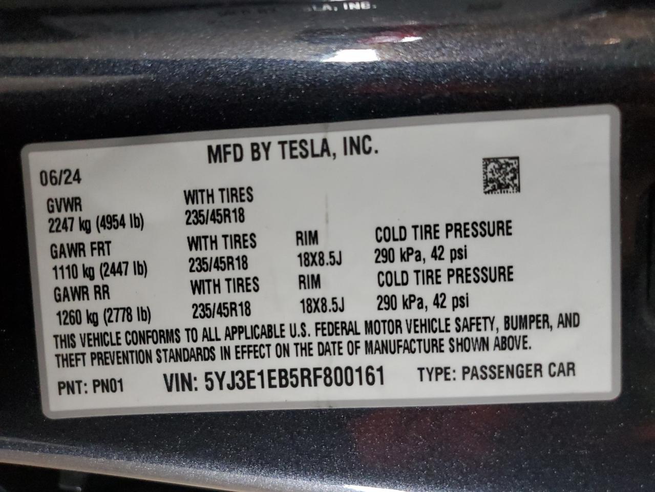 2024 Tesla Model 3 VIN: 5YJ3E1EB5RF800161 Lot: 84740255