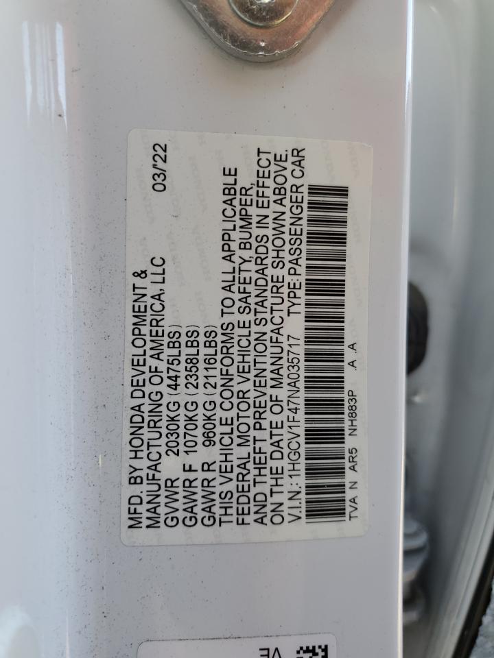 2022 Honda Accord Sport Se VIN: 1HGCV1F47NA035717 Lot: 82206335