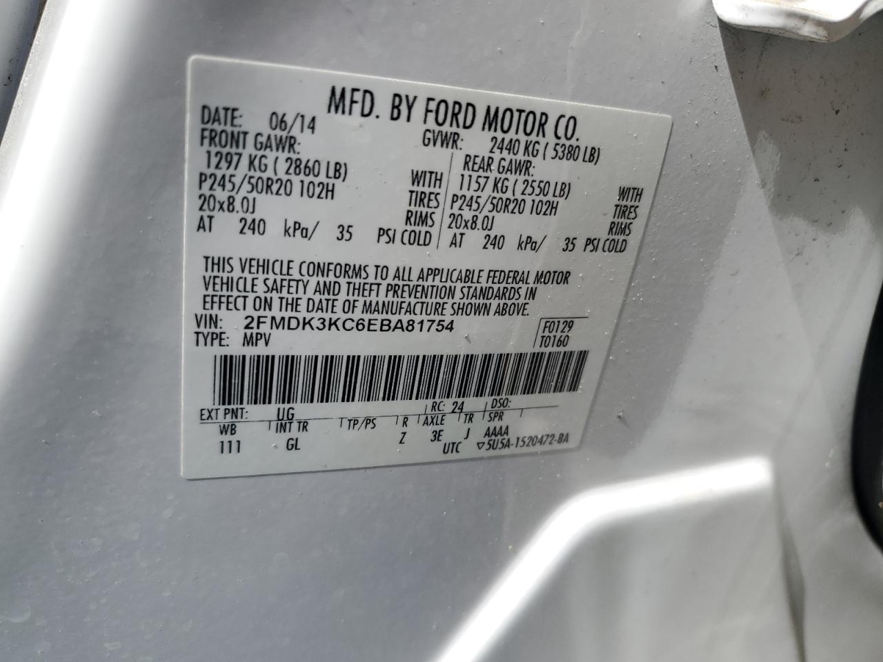 2014 Ford Edge Limited VIN: 2FMDK3KC6EBA81754 Lot: 82487265
