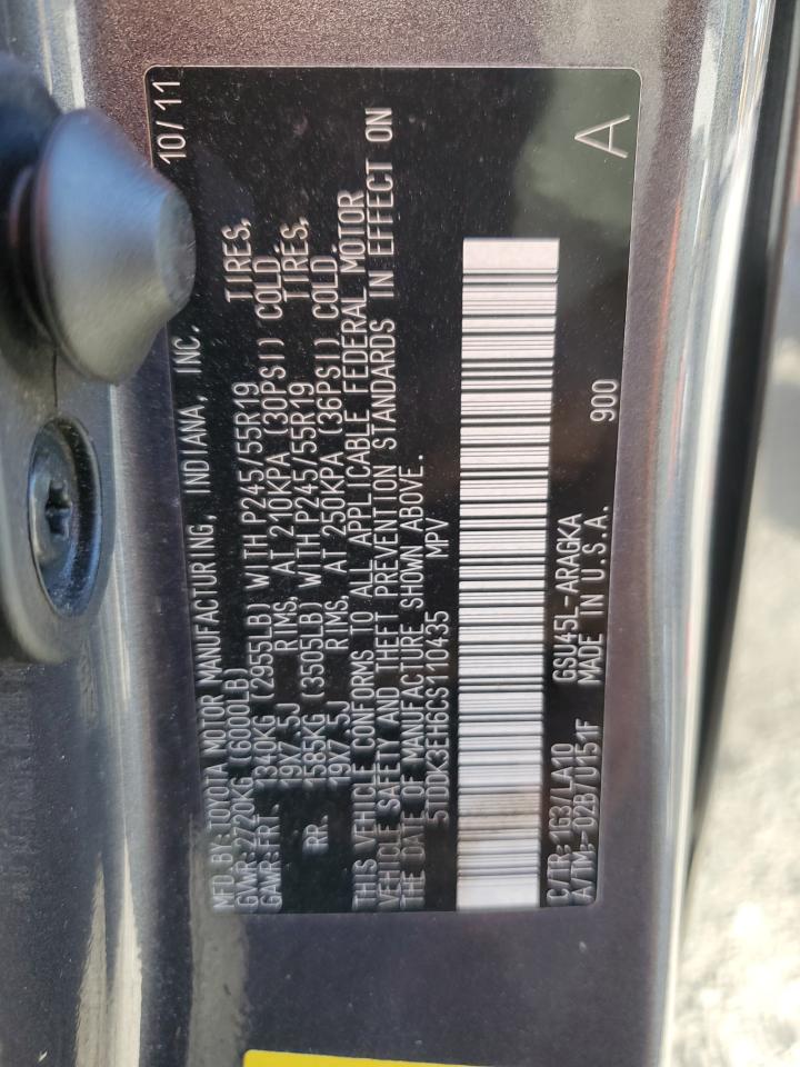 2012 Toyota Highlander Limited VIN: 5TDDK3EH6CS110435 Lot: 85822555