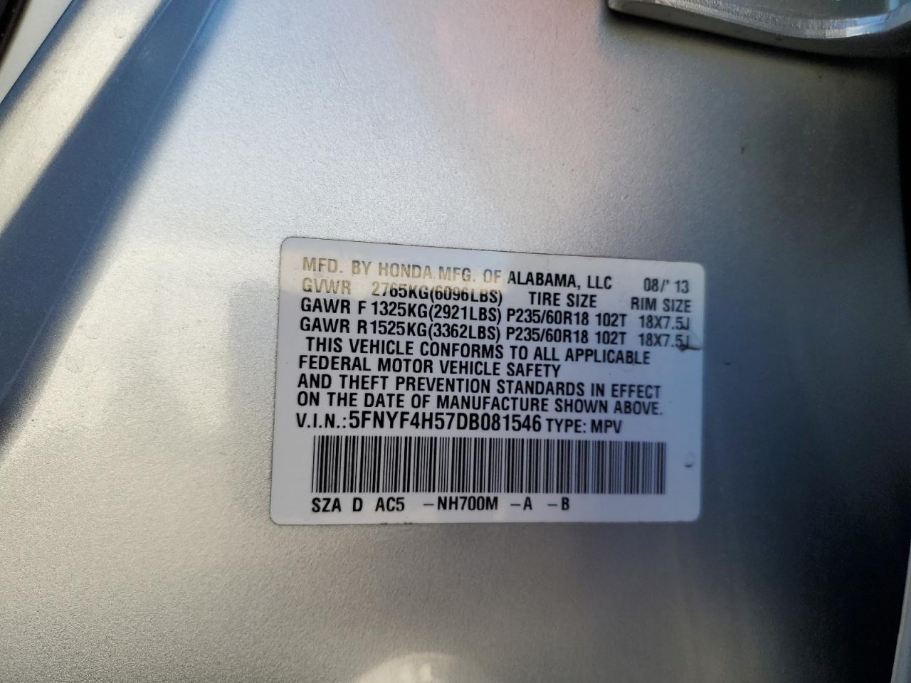 2013 Honda Pilot Exl VIN: 5FNYF4H57DB081546 Lot: 85878225