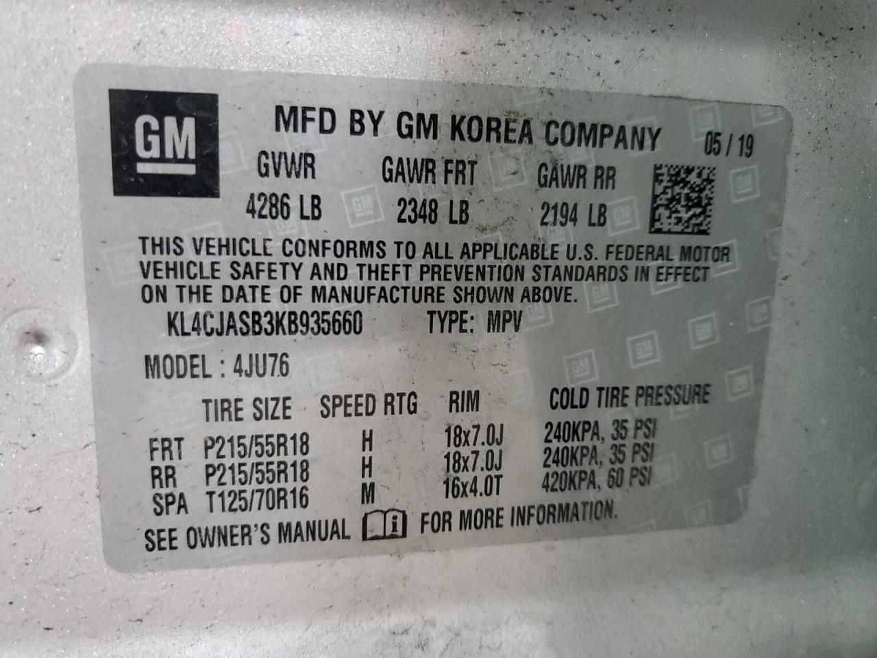 2019 Buick Encore Preferred VIN: KL4CJASB3KB935660 Lot: 86288655