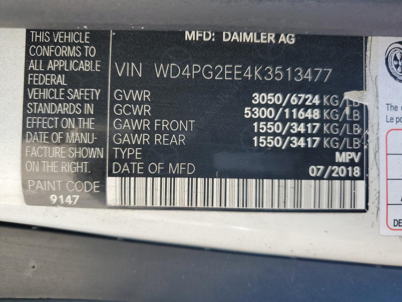 2019 Mercedes-Benz Metris VIN: WD4PG2EE4K3513477 Lot: 85331685