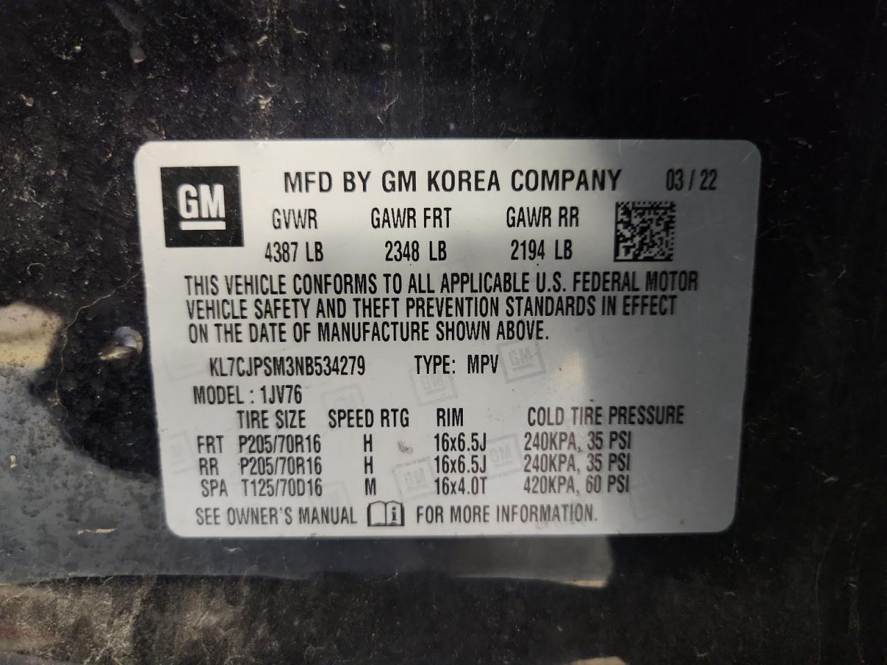 2022 Chevrolet Trax 1Lt VIN: KL7CJPSM3NB534279 Lot: 85583415