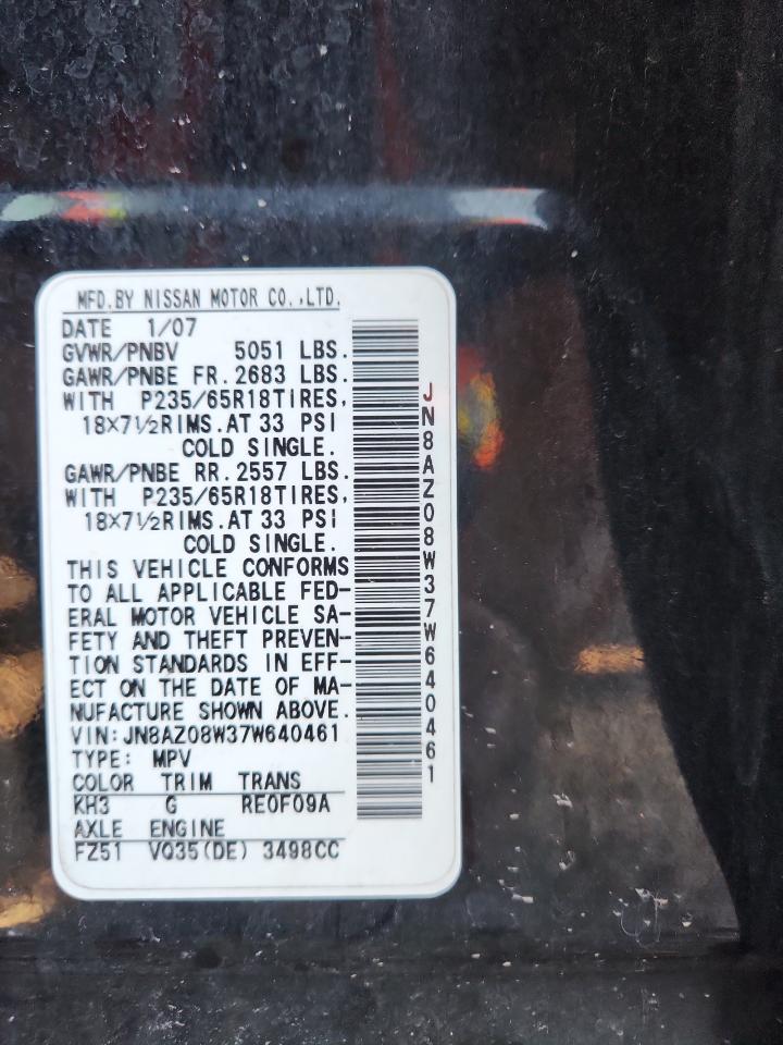 2007 Nissan Murano Sl VIN: JN8AZ08W37W640461 Lot: 85375145