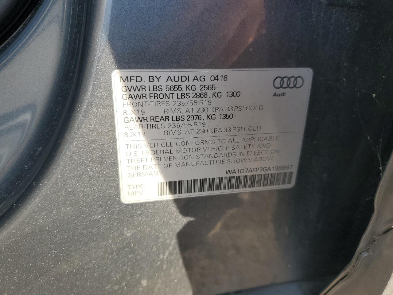 2016 Audi Q5 Premium Plus S-Line VIN: WA1D7AFP7GA139967 Lot: 85258625