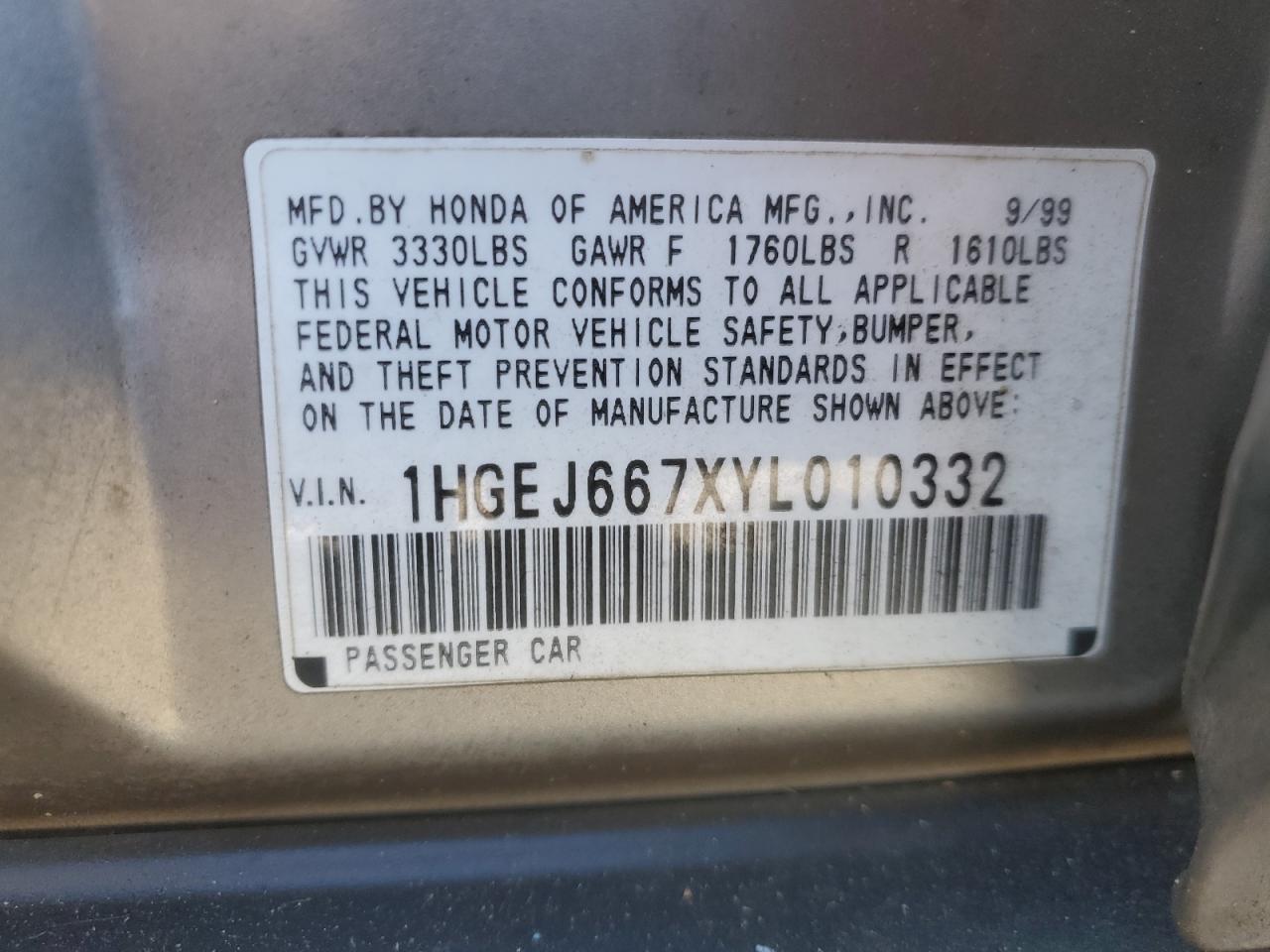 2000 Honda Civic Lx VIN: 1HGEJ667XYL010332 Lot: 82408325