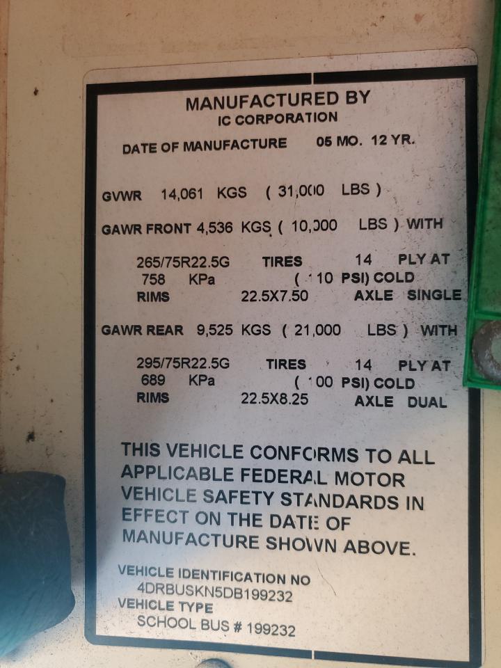 2013 Ic Corporation Ce Series School - School Bus VIN: 4DRBUSKN5DB199232 Lot: 83859815