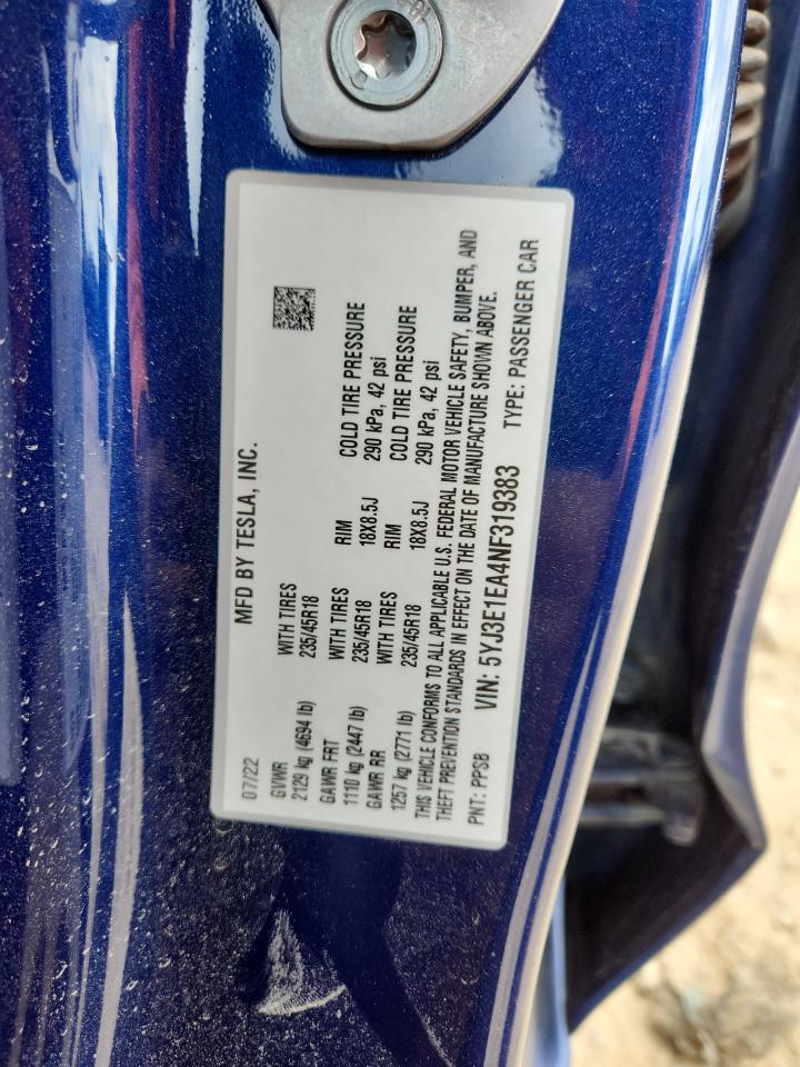2022 Tesla Model 3 VIN: 5YJ3E1EA4NF319383 Lot: 87219865