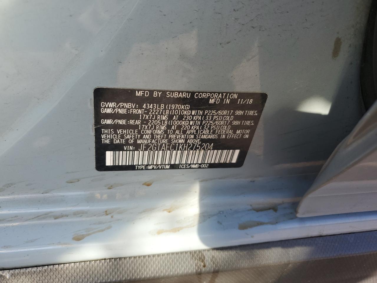 2019 Subaru Crosstrek Premium VIN: JF2GTAEC1KH275204 Lot: 86648475