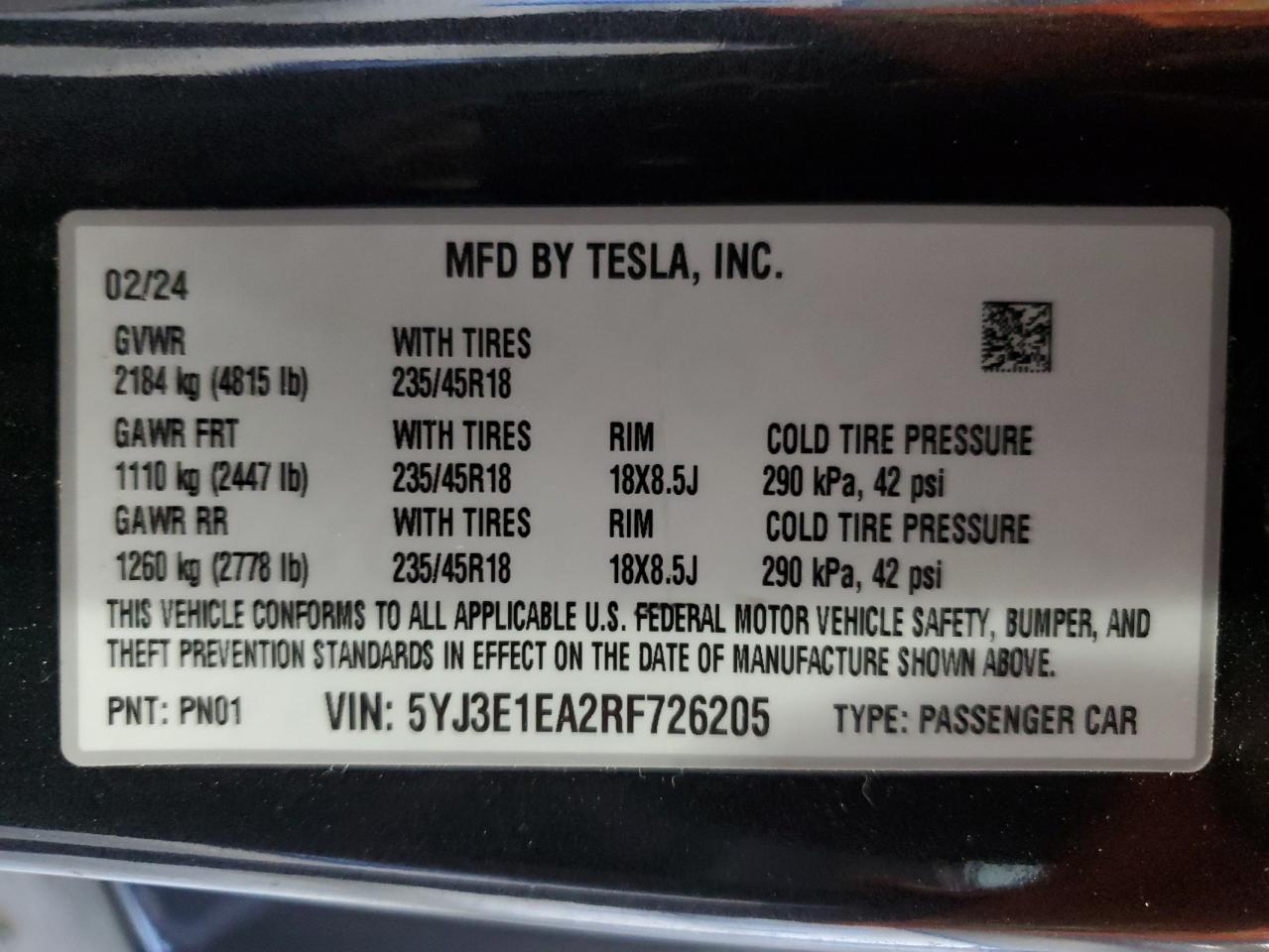 2024 Tesla Model 3 VIN: 5YJ3E1EA2RF726205 Lot: 85544995