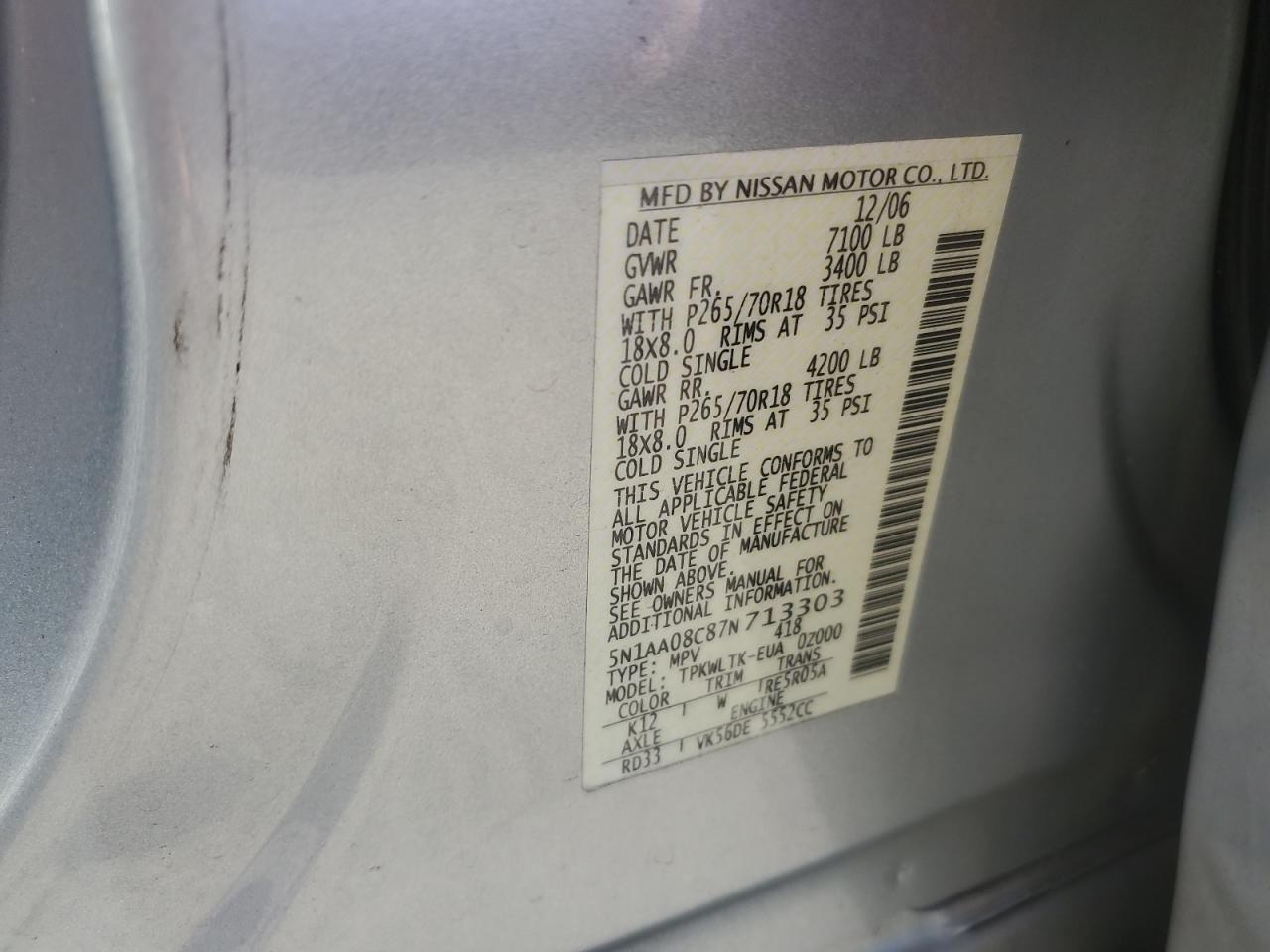 2007 Nissan Armada Se VIN: 5N1AA08C87N713303 Lot: 84872275