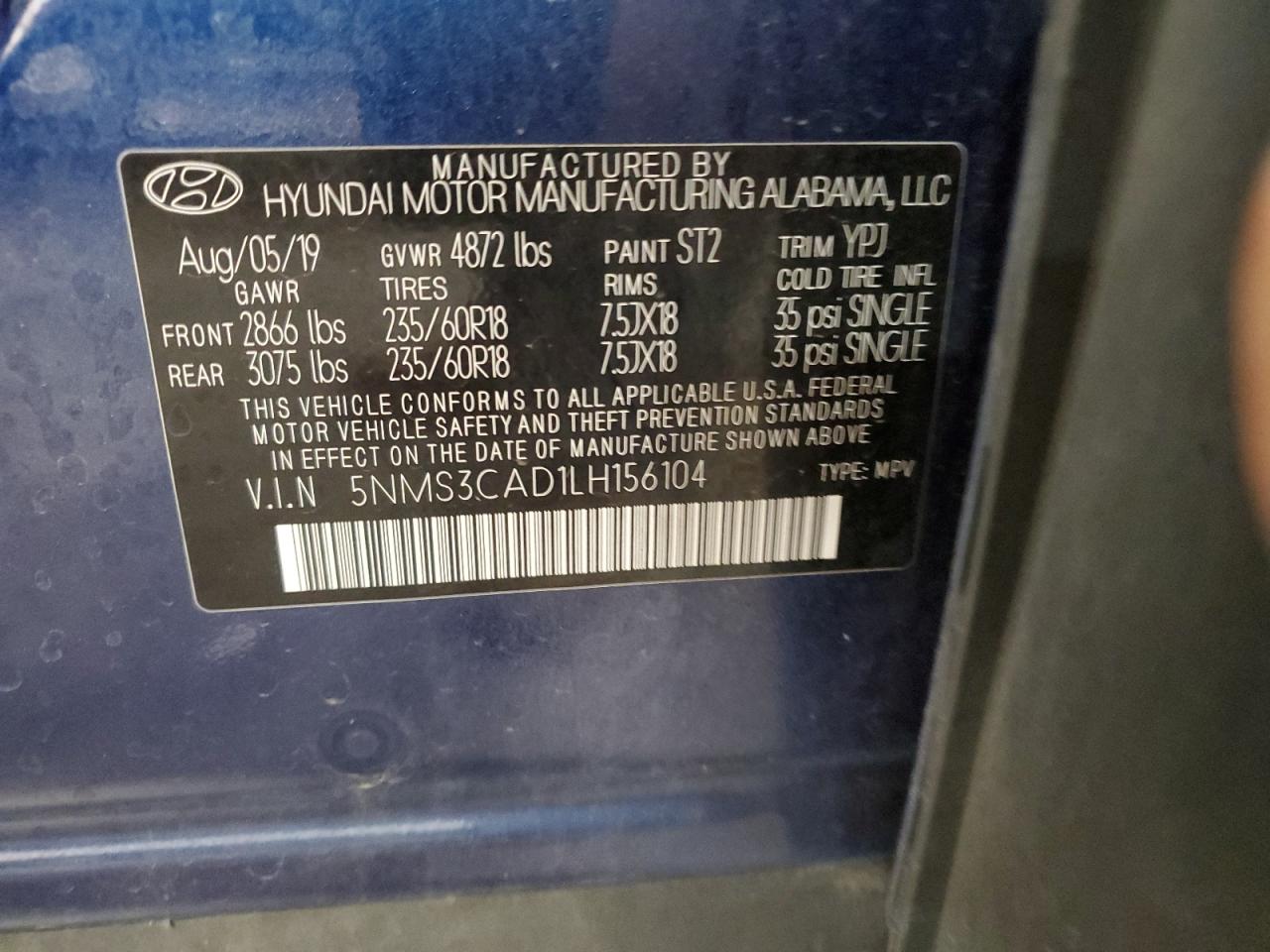 2020 Hyundai Santa Fe Sel VIN: 5NMS3CAD1LH156104 Lot: 86141255