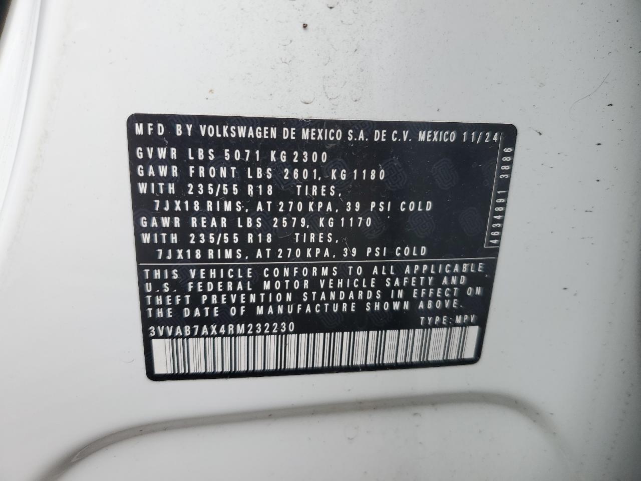 2024 Volkswagen Tiguan Wolfsburg VIN: 3VVAB7AX4RM232230 Lot: 90295165