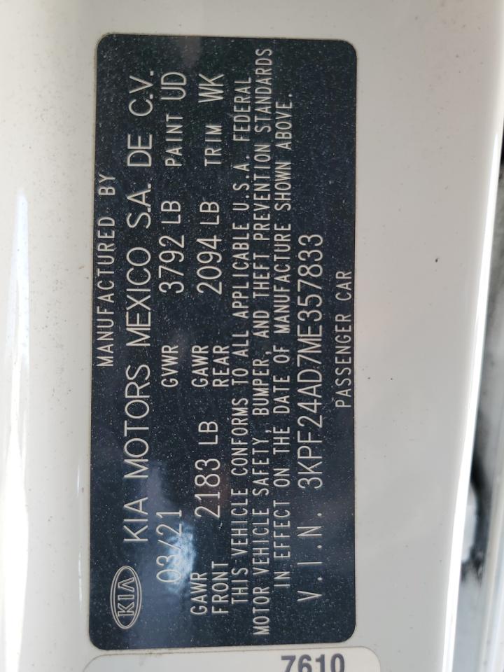 2021 Kia Forte Fe VIN: 3KPF24AD7ME357833 Lot: 87058445