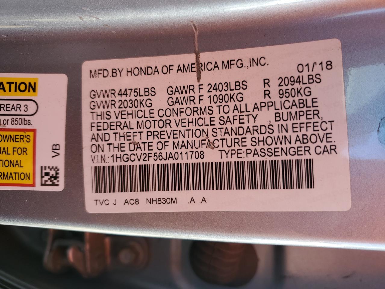 2018 Honda Accord Exl VIN: 1HGCV2F56JA011708 Lot: 84879705