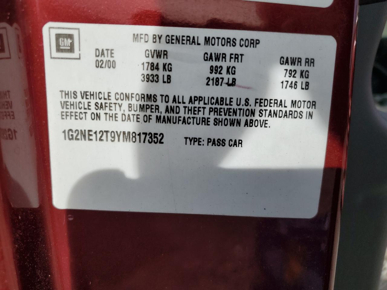 2000 Pontiac Grand Am Se VIN: 1G2NE12T9YM817352 Lot: 90082735