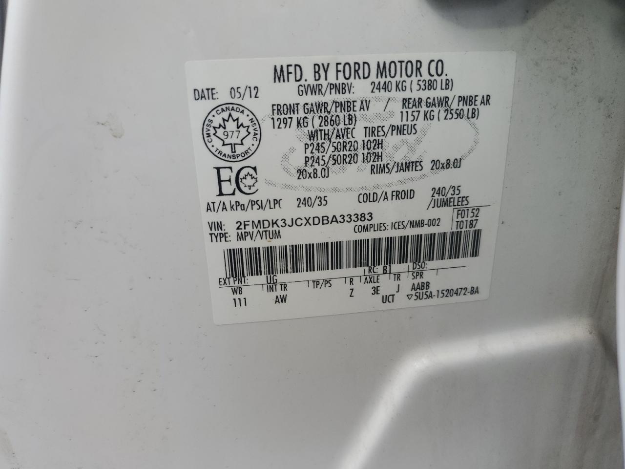 2013 Ford Edge Sel VIN: 2FMDK3JCXDBA33383 Lot: 85134535