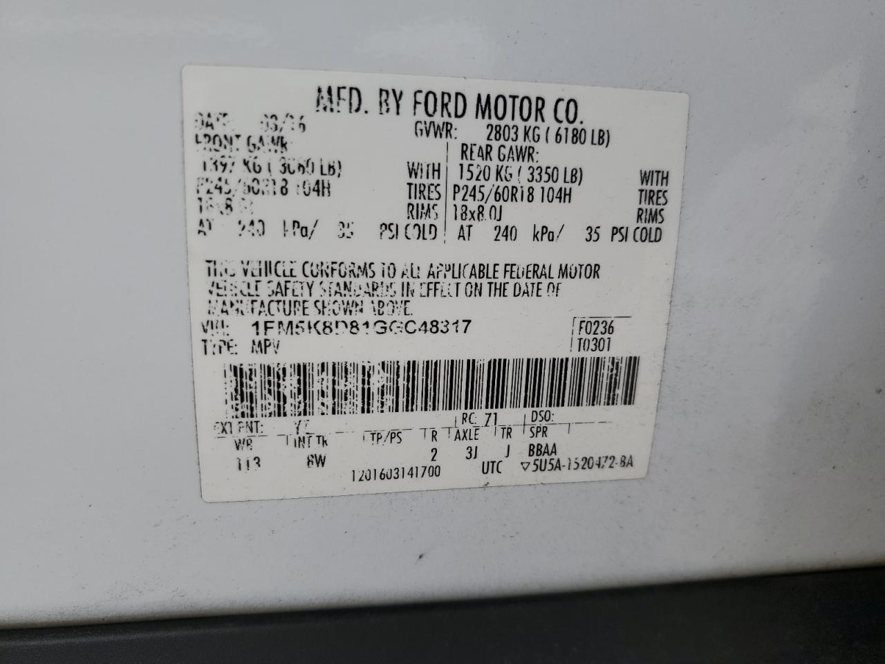 2016 Ford Explorer Xlt VIN: 1FM5K8D81GGC48317 Lot: 85123205