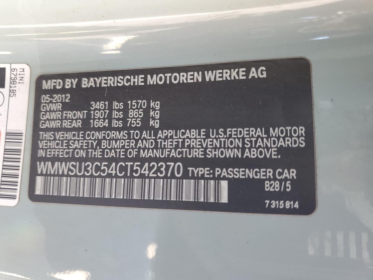 2012 Mini Cooper VIN: WMWSU3C54CT542370 Lot: 85142675