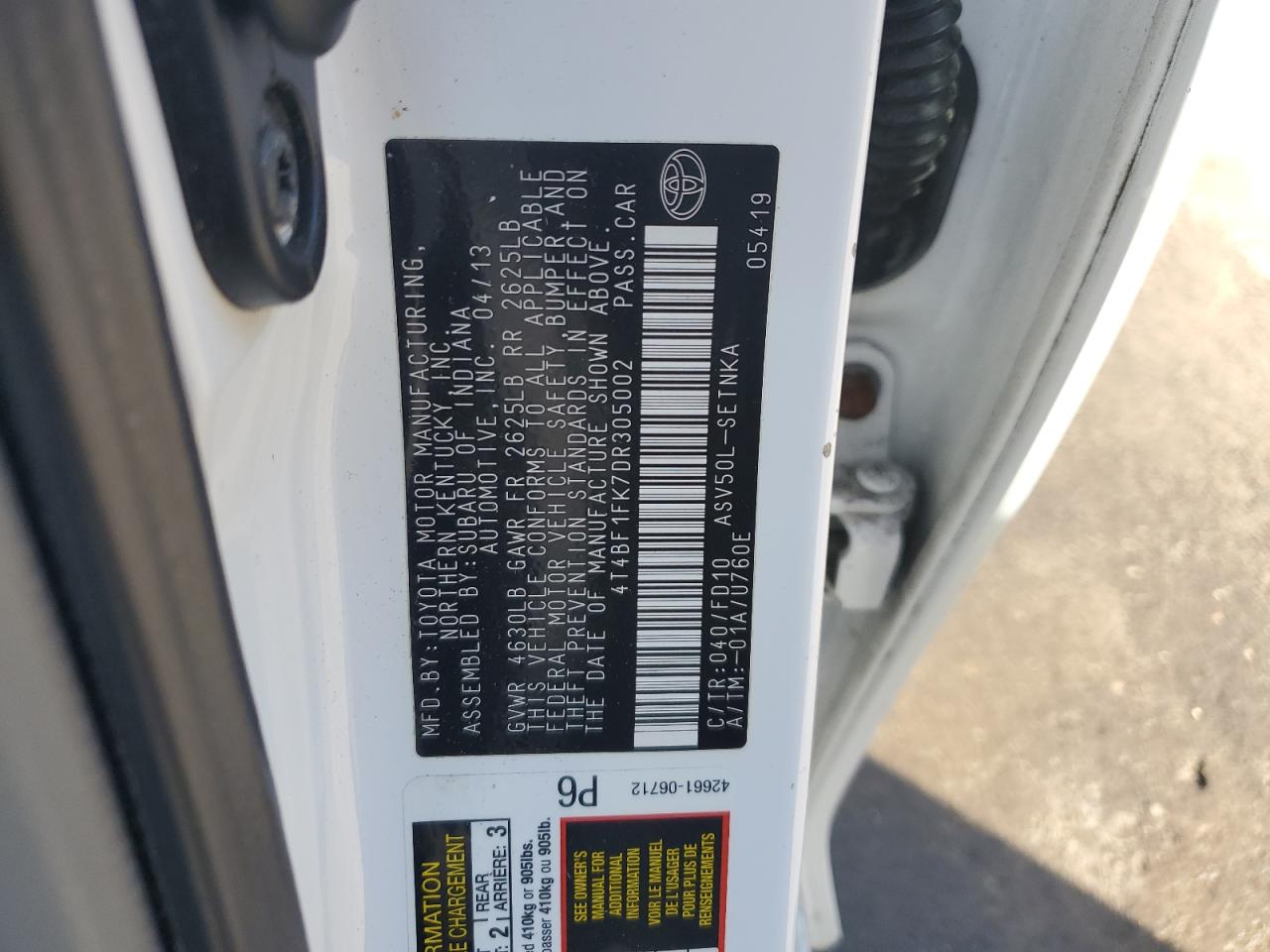 2013 Toyota Camry L VIN: 4T4BF1FK7DR305002 Lot: 84926875