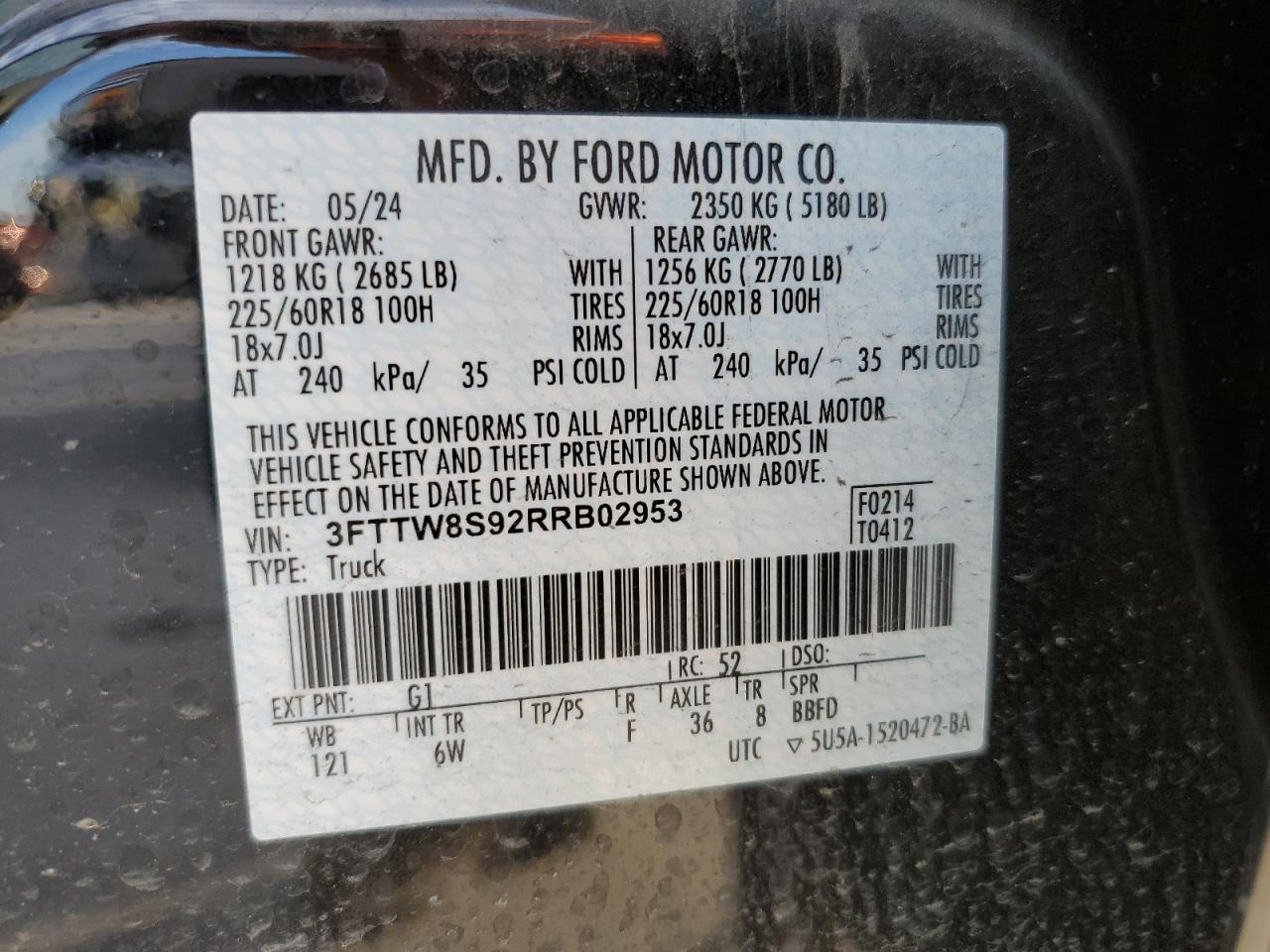 2024 Ford Maverick Lariat VIN: 3FTTW8S92RRB02953 Lot: 86641865