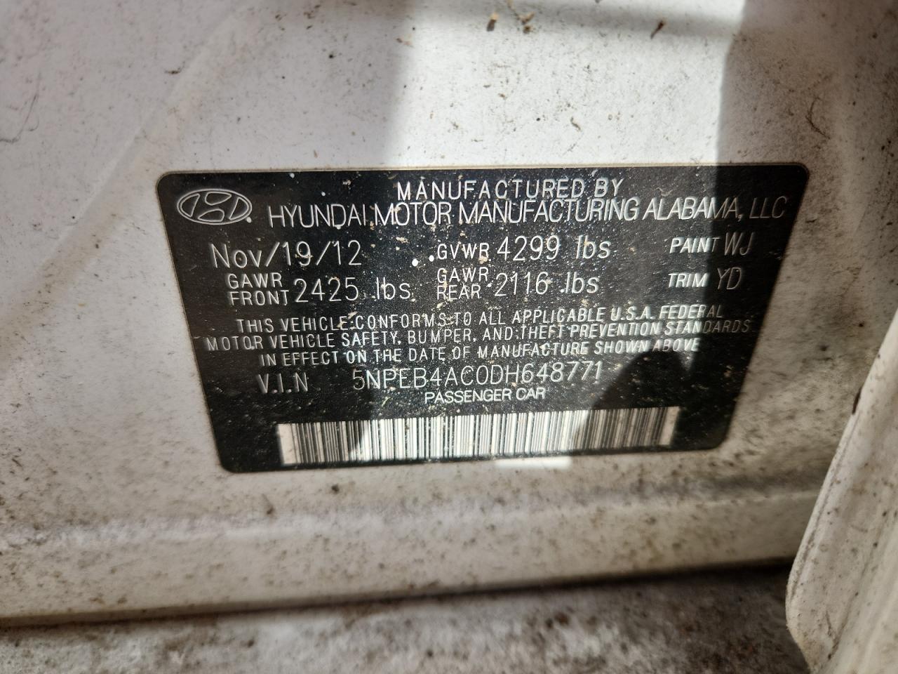 2013 Hyundai Sonata Gls VIN: 5NPEB4AC0DH648771 Lot: 86265855