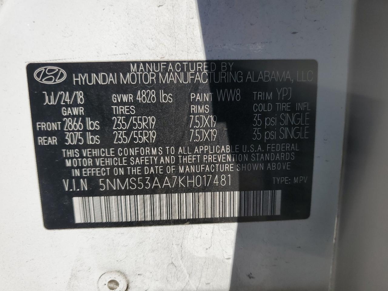 2019 Hyundai Santa Fe Limited VIN: 5NMS53AA7KH017481 Lot: 87431425